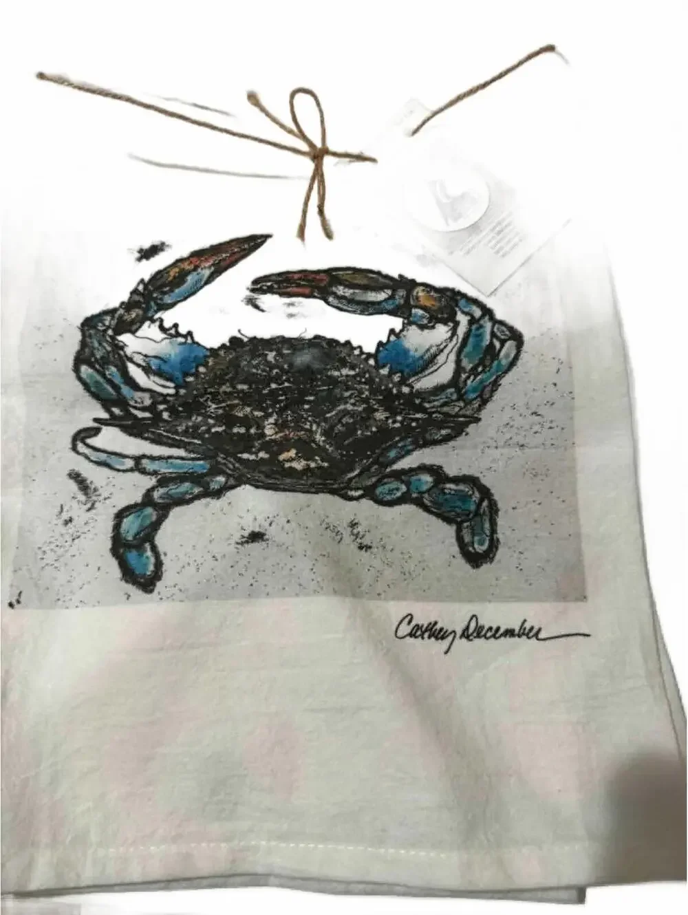 Cathy December White Linen Kitchen Towel with Blue Crab Print
